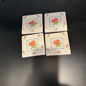 Set of 4 Whittard of Chelsea Ceramic Tile Coasters‎ English Rose Floral 4x4